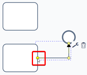 A screenshot demonstrating what happens when the user has clicked the sequence flow. Yellow dots appear at the start, end, and turning node of the sequence flow. The screenshot is annotated with a red box to highlight the location of the mouse cursor.